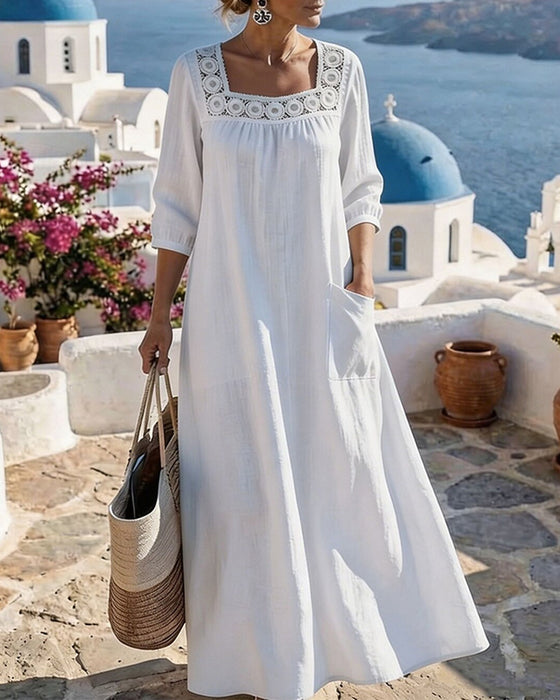 Klänning Fyrkantig Halsringning Utskuren Lappficka Enfärgad