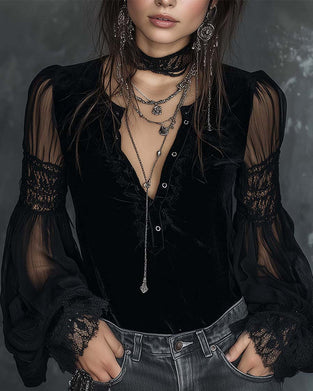 Blus Knapp I Halv V-Ringad Puffärm