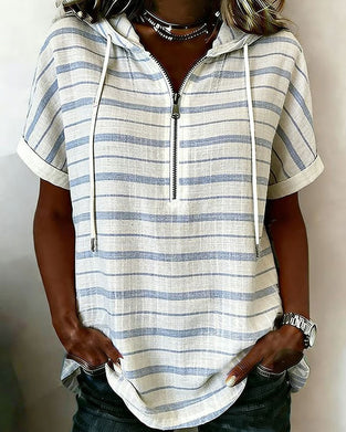 Topp Randig Hoodie Dragkedja Kort Ärm