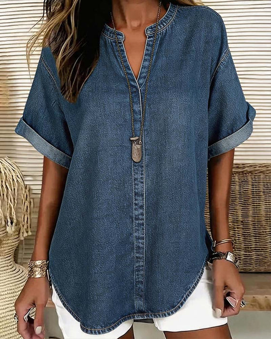Blusar V-Hals Denim Kortärmad