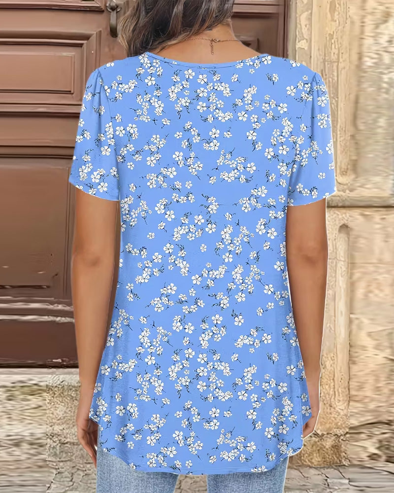 Blus Småblommig Tryck Rund Hals Kortärmad