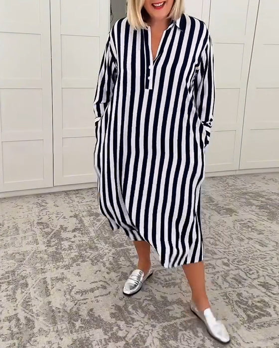 Klänning Revers Randig Ficka