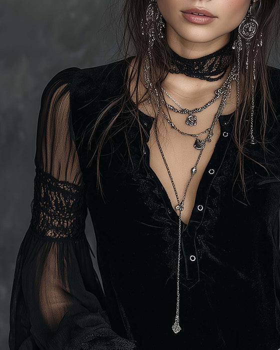 Blus Knapp I Halv V-Ringad Puffärm