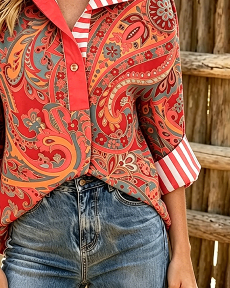 Blus Patchwork Blommig Tryck Casual