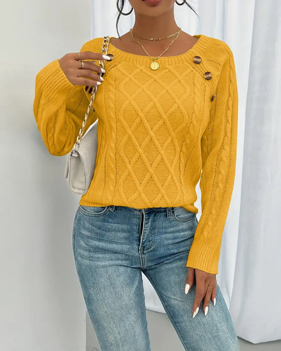 Tröja Enfärgad Raglanärm Spänne Kablestickning