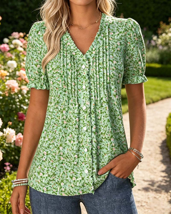 Blus V-Hals Blommig Tryck