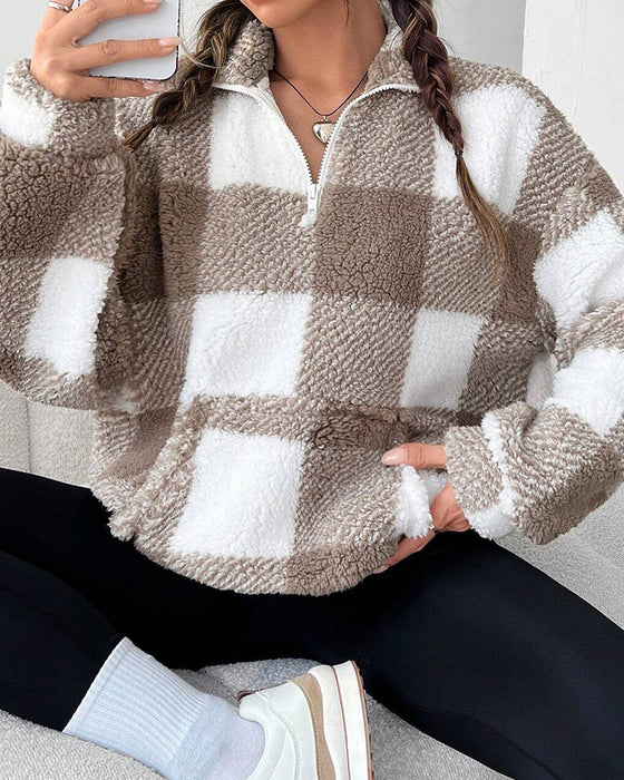 Sweatshirt Halv-Zip Ståkrage Rutmönster