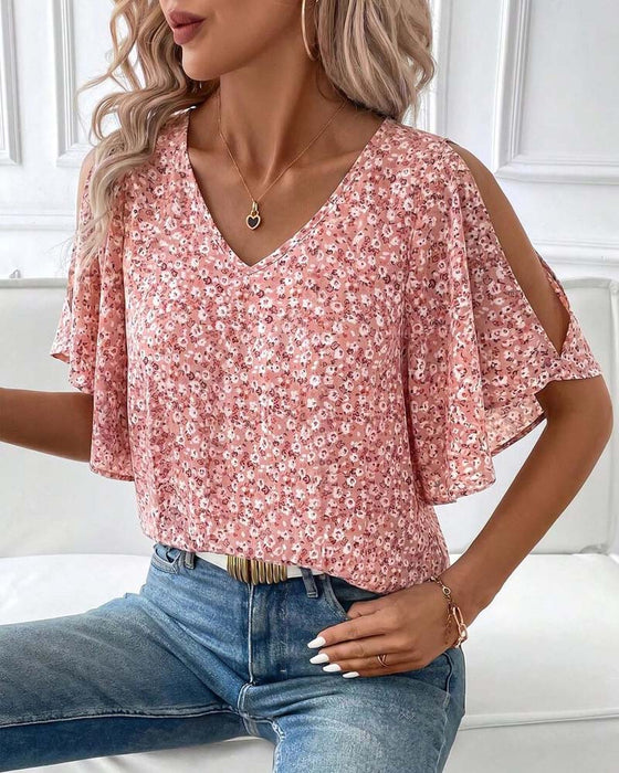 Blus V-Hals Blommig Off-Shoulder Fladder Ärm