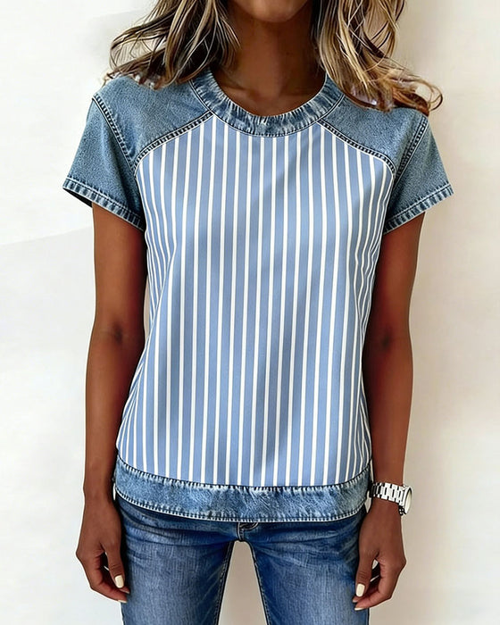 T-Shirt Denim Lapptäcke Randig Kort Ärm