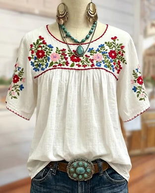 Blus Rundhalsad Broderad Bohemisk