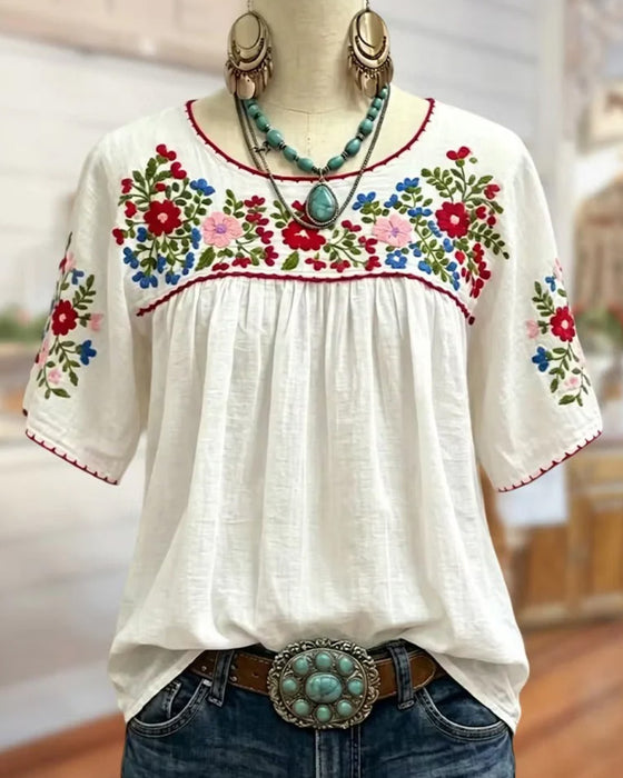 Blus Rundhalsad Broderad Bohemisk