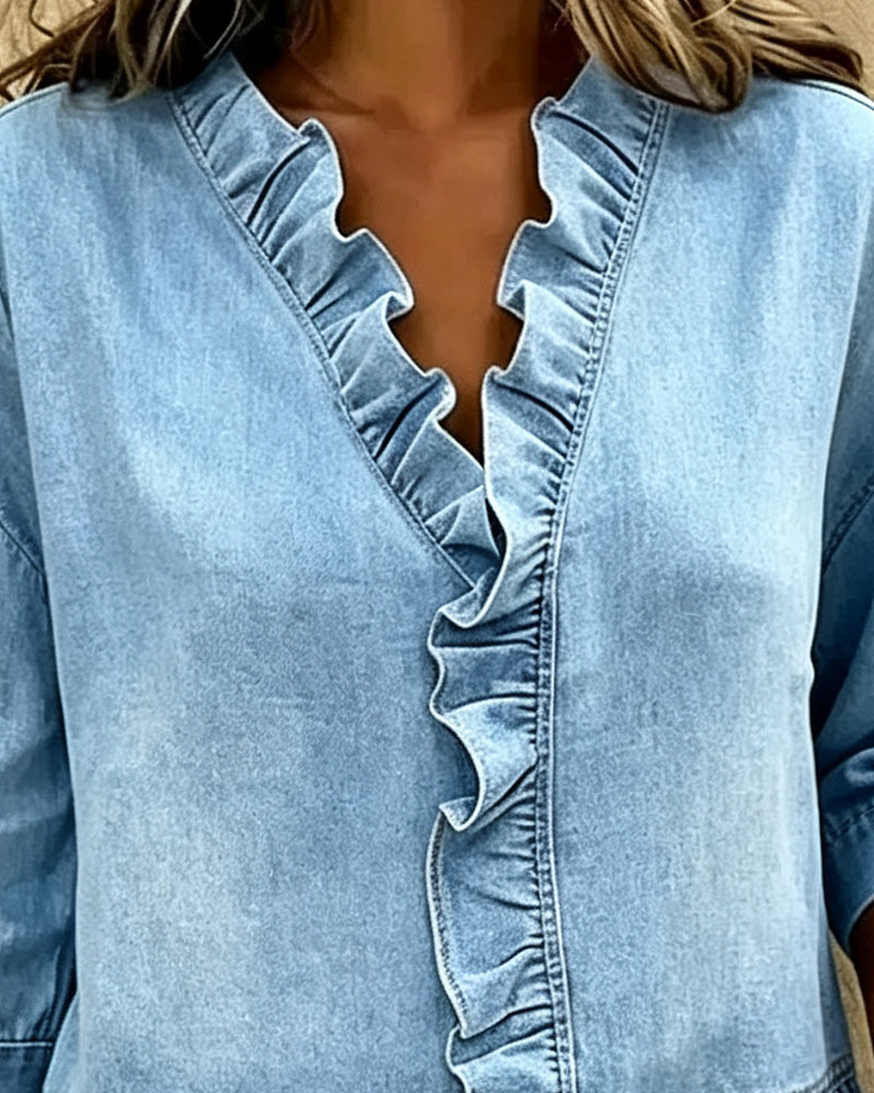 Blus Volang V-Ringning Trekvart Ärm Denim