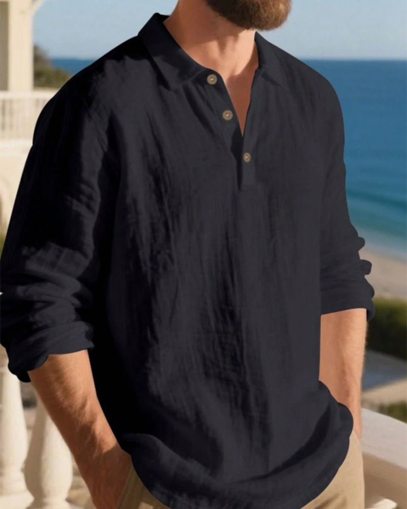 Skjorta Herr Lättvikt Lös Linne Långärmad Polo