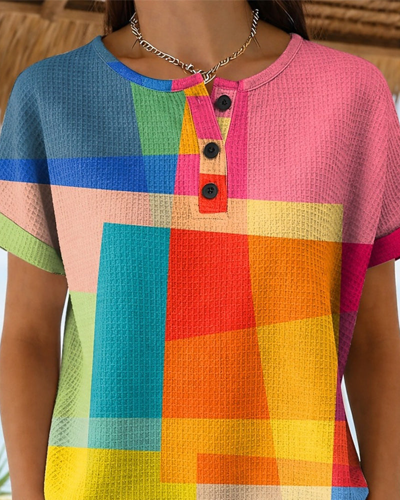 Topp Rutig Knapp Kortärmad