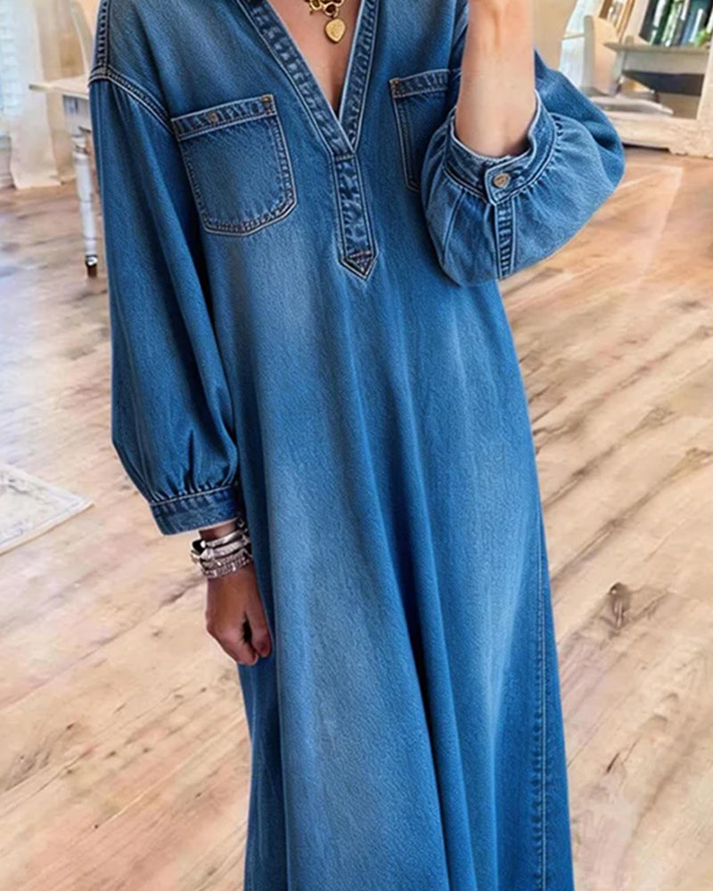 Klänning Denim Skjorta Stil Maxi