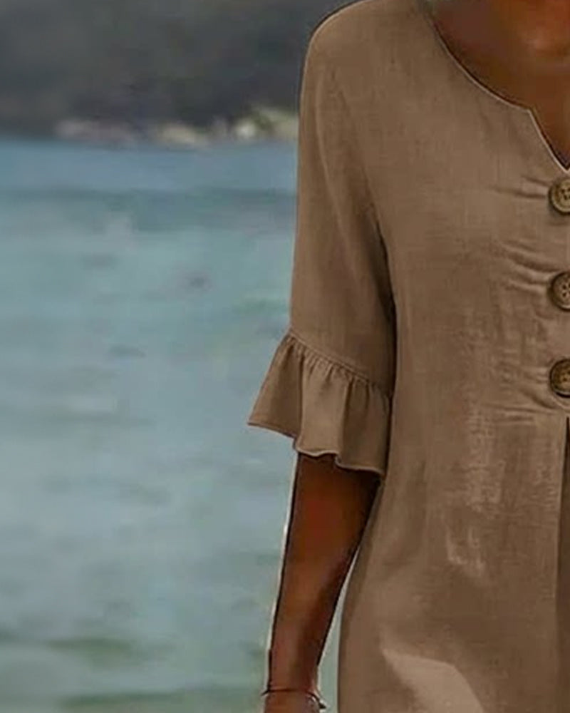 Klänning Knapp Rynkad Ärm 100% Bomull