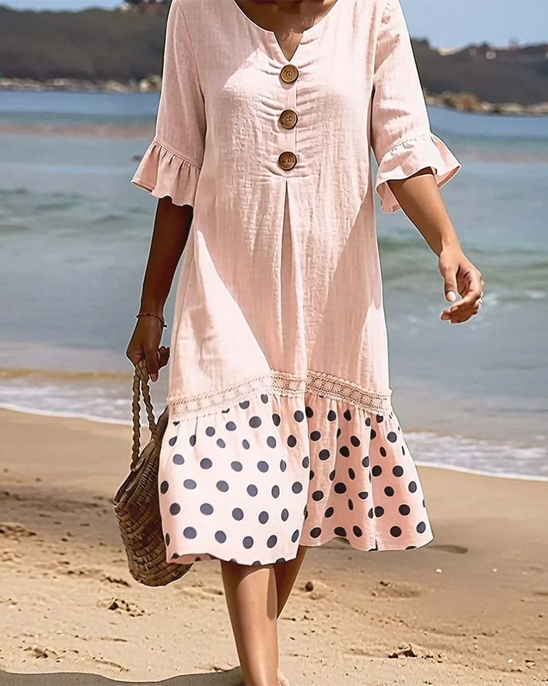 Klänning Polka Dot Lapptäcke Rynkad