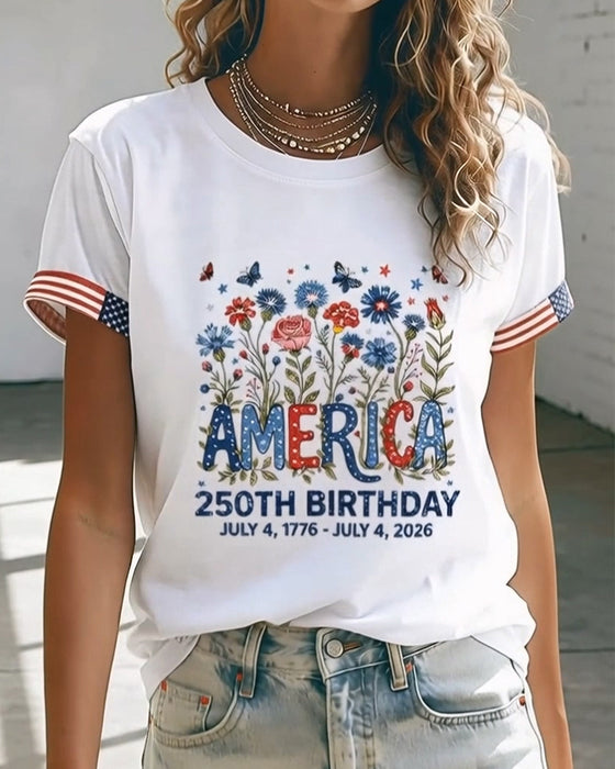 T-Shirt Rund Hals Bokstav Färgglad Blommig Tryck