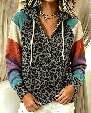 Hoodie Leopard Färgblock Knapp