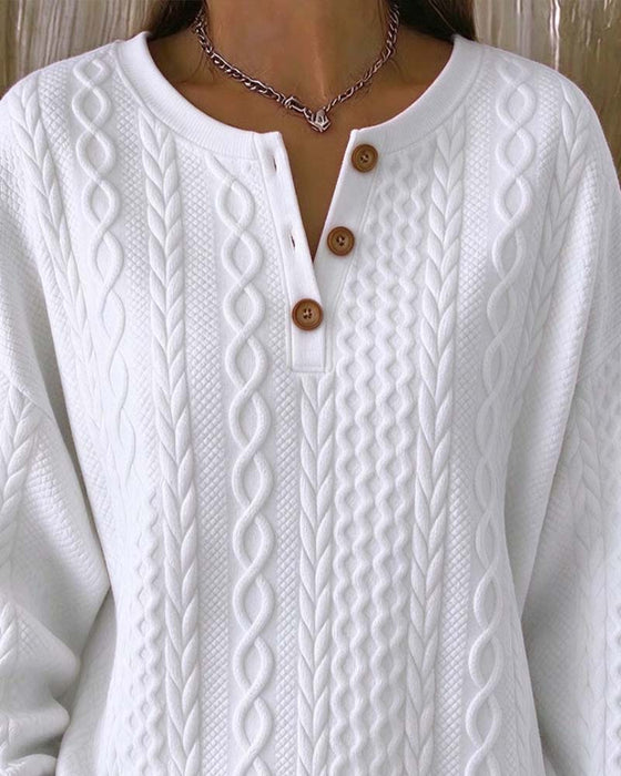 Sweatshirt V-Hals Knappad Fläta Enfärgad