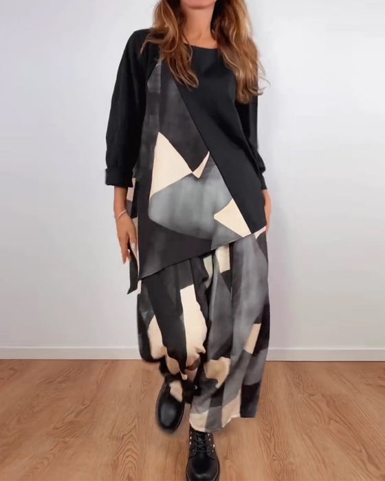 Tvådelat Set Casual Geometriskt Tryck Vidbensbyxor