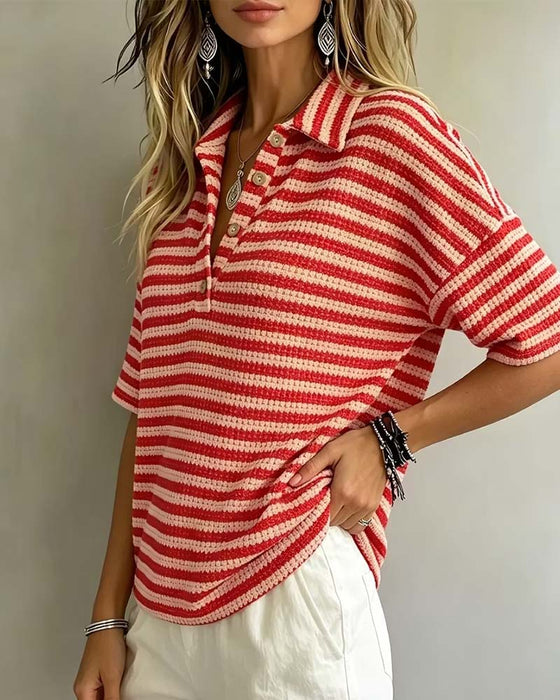 Blus Polo Krage Randig Knapp Fram