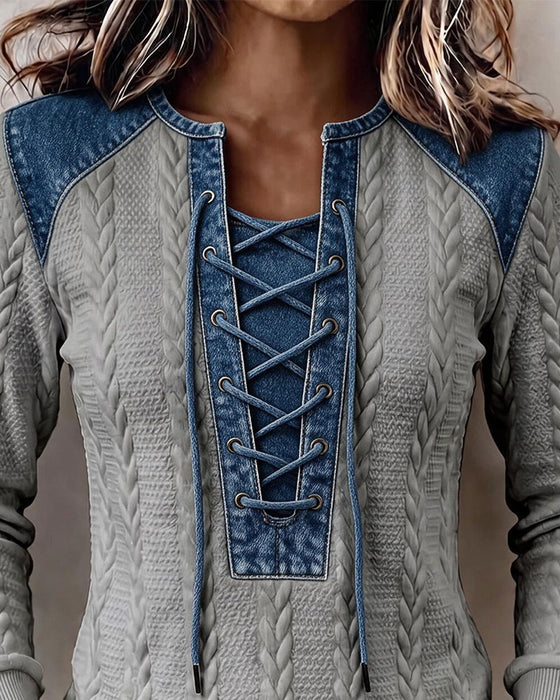 Sweatshirt Knytning Patchwork Casual