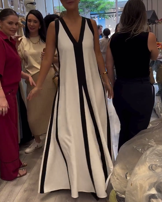 Klänning V-ringning Ärmlös Färgblock Lös