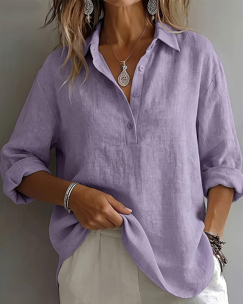 Blus Enfärgad Krage Halvknäppning Långärmad