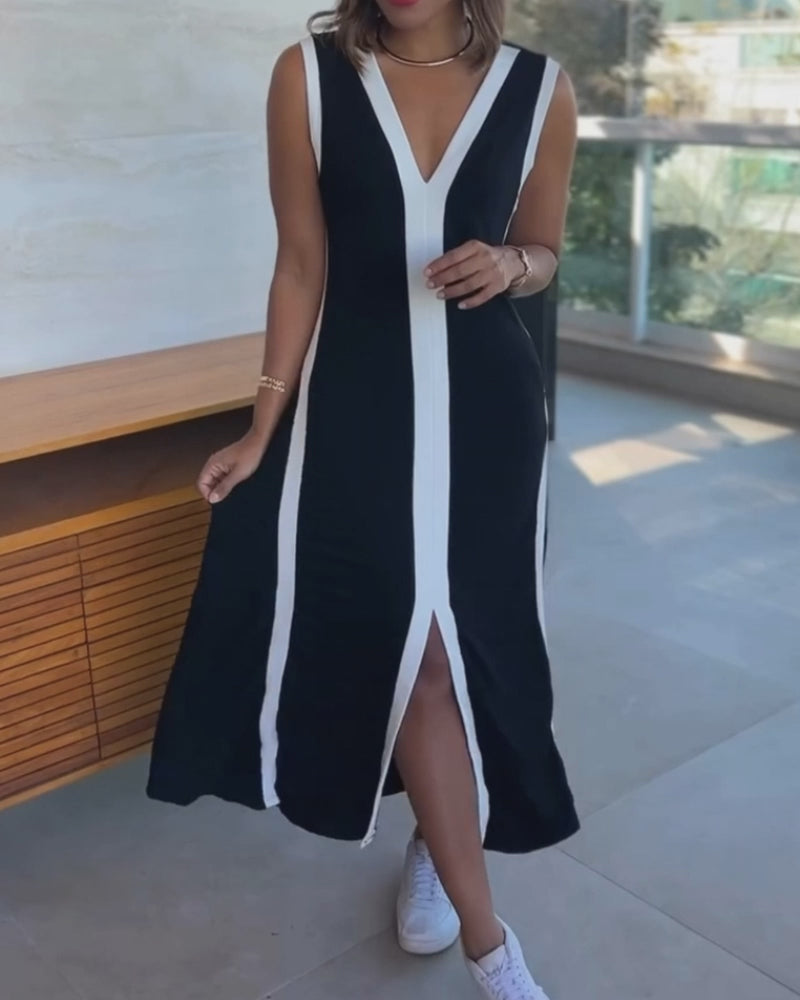 Klänning Färgblockerad Ärmlös Slits Maxi