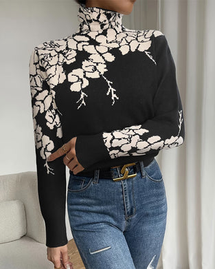 Pullover Hög Hals Blommig Jacquard