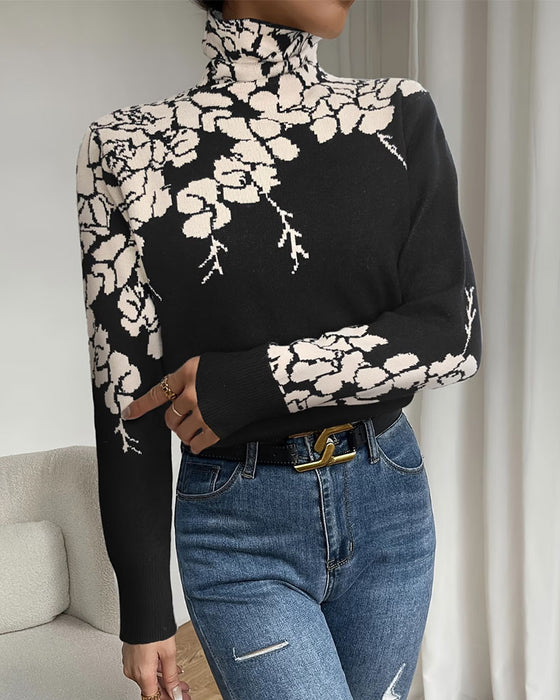 Pullover Hög Hals Blommig Jacquard