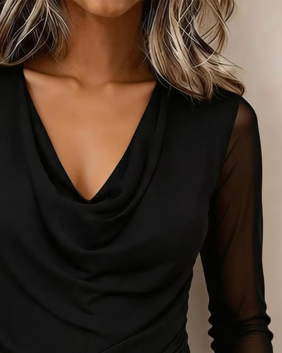 Topp Draperad Krage Genomskinlig Mesh Långärmad