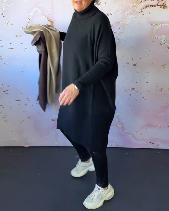 Casual enfärgad långärmad tröja med hög krage