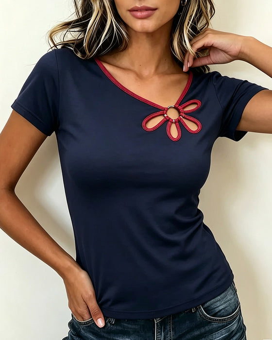 T-Shirt Blommig Urskärning Kort Ärm