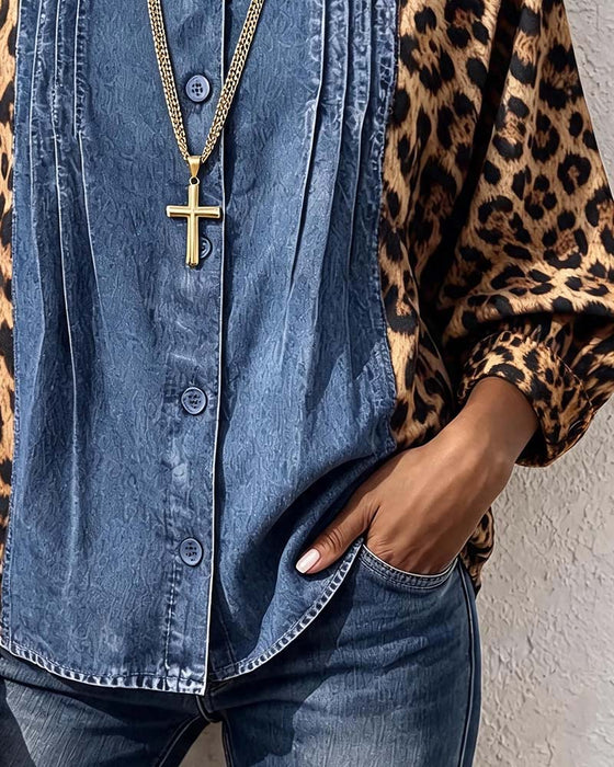 Blus Rundhals Knapp Leopard Denim Patchwork