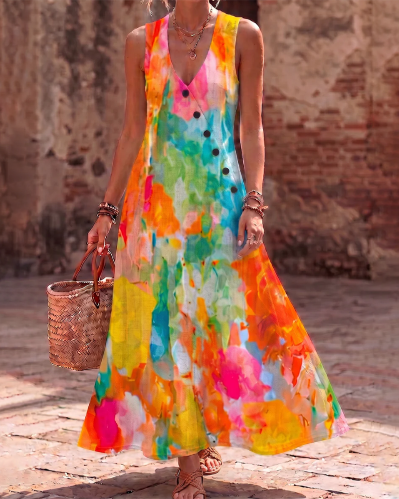 Klänning Ärmlös Akvarell Blommig Elegant Maxi