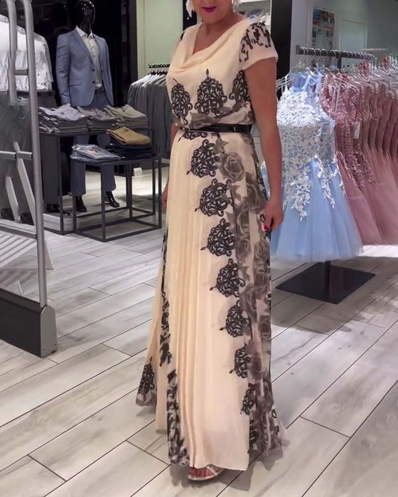 Vintage tryck plisserad elegant klänning