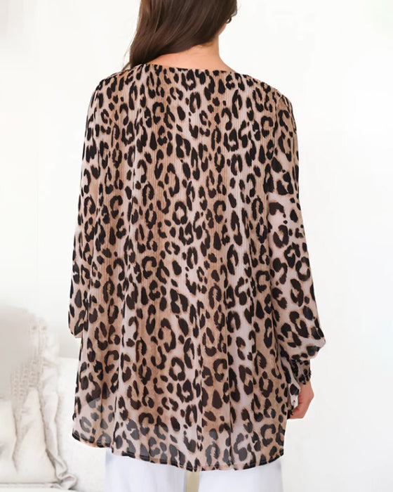 Blus Rund Hals Leopard Oregelbunden Lykta Ärm