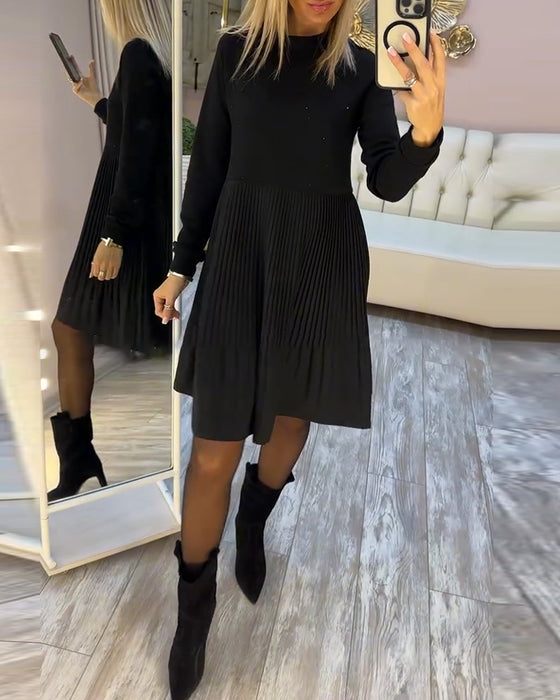 Plisserad Klänning Långärmad Rhinestone