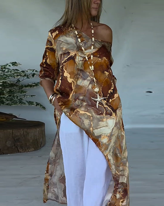 Blus Trendig Slits Tryckt