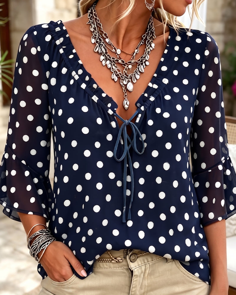 Blus Prickig V-Hals Knyt Casual