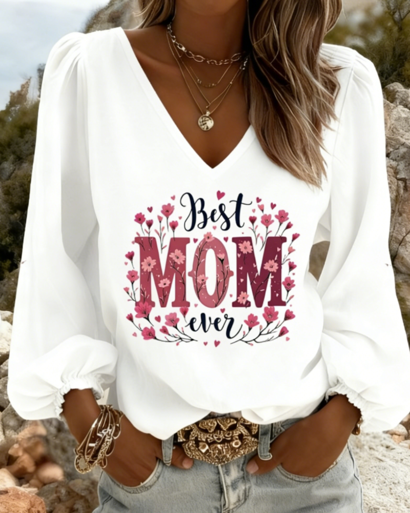 Blus V-Hals Lykta Ärm Tryck