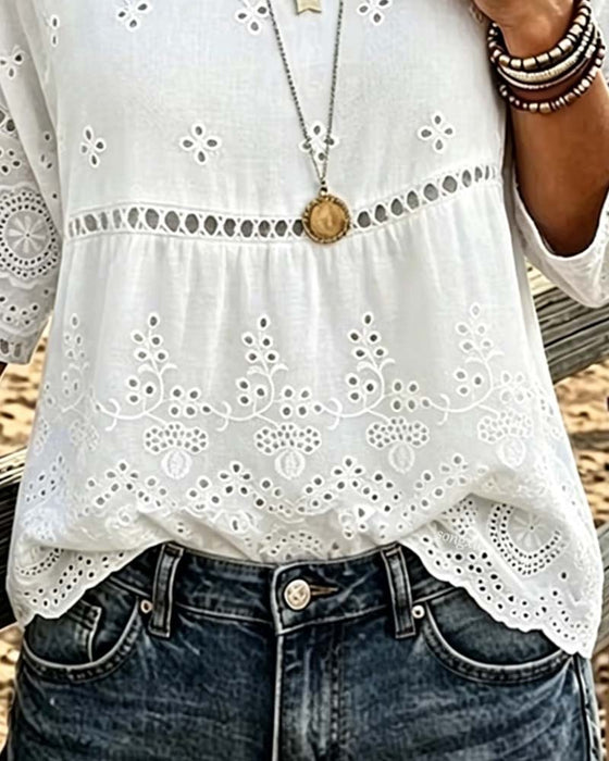 Blus Rundhalsad Hollow Out Solid
