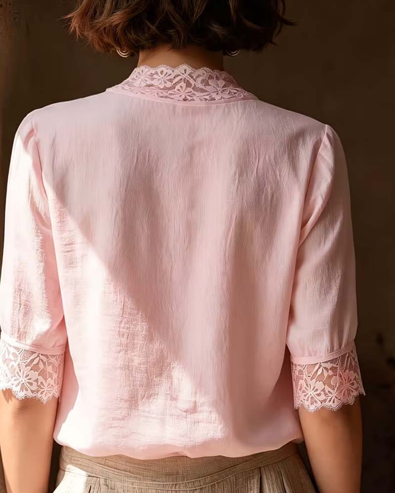 Blus V-Hals Spets Patchwork Solid Tretrekvart Ärm