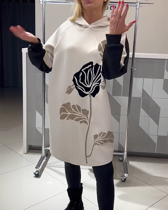 Klänning Med Huva Färgblock Blomtryck