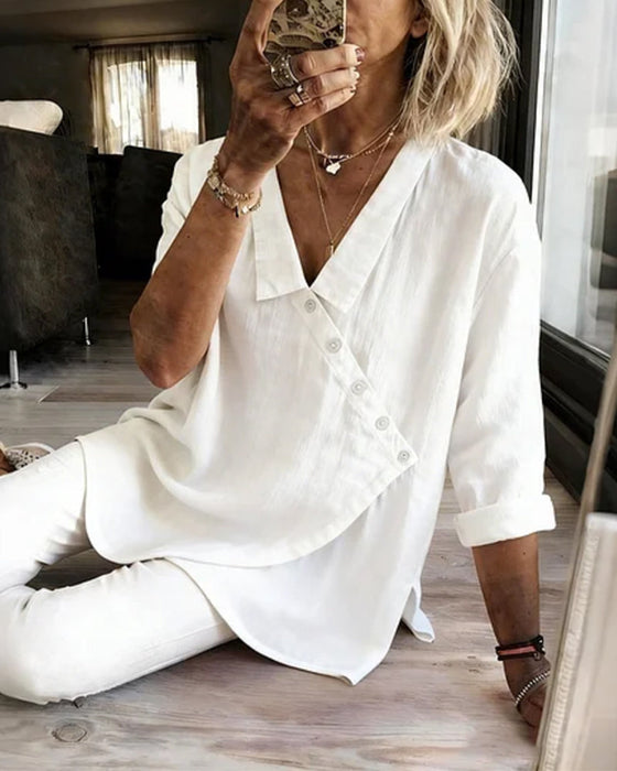 Blus Med Asymmetrisk Diagonal Knäppning Och Krage
