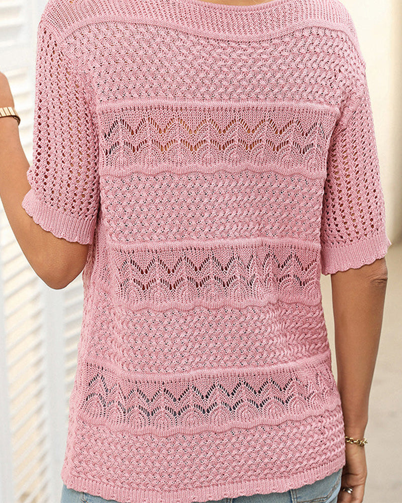 Kortärmad Virkad Tröja Med Rund Hals Och Hålstickning För Dam