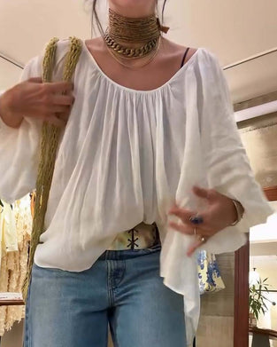 Blus Puff Lykta Ärm Rynkad Rundhals
