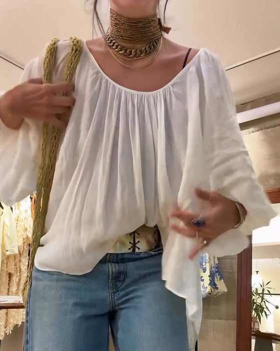 Blus Puff Lykta Ärm Rynkad Rundhals